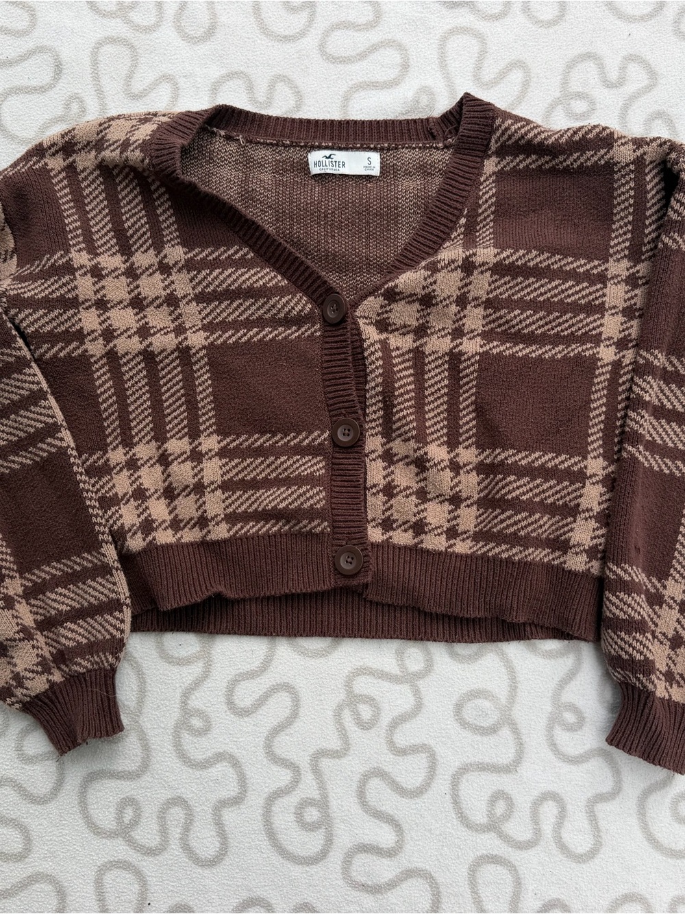 Hollister Brown Plaid Cropped Button-Up Sweater